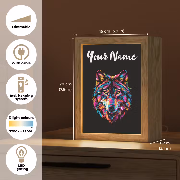 Wolf - Kleurrijk - Zwart - Dieren - Neon Light Box met kabel (Kinderlampje) klein -USP_EN