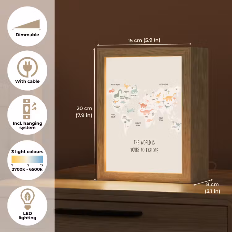 Wereldkaart - Dino - Kinderen - Dinosaurus Light Box met kabel (Kinderlampje) klein -USP_EN