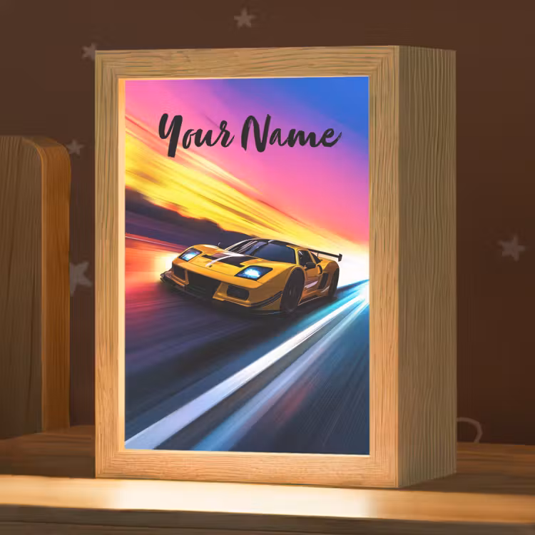 Gele raceauto - Kleurrijk - Neon Light Box met kabel (Kinderlampje) klein -zzz_3d_website