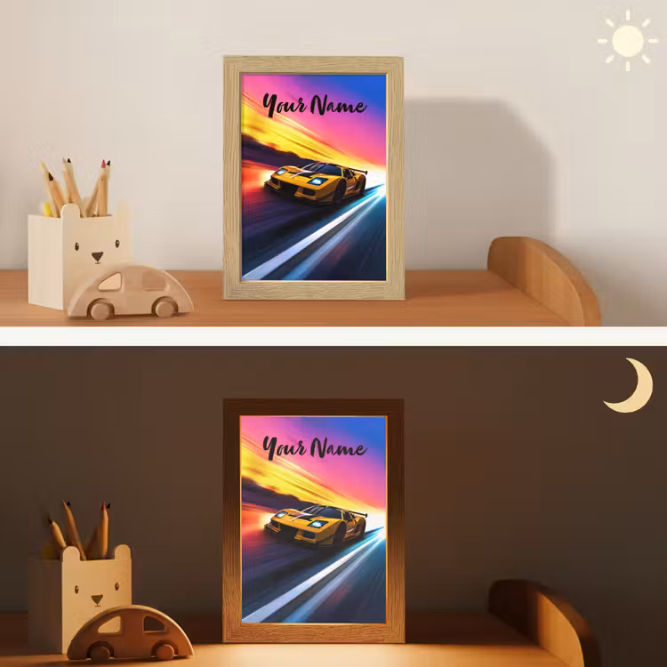 Gele raceauto - Kleurrijk - Neon Light Box met kabel (Kinderlampje) klein -sfeer3_kind