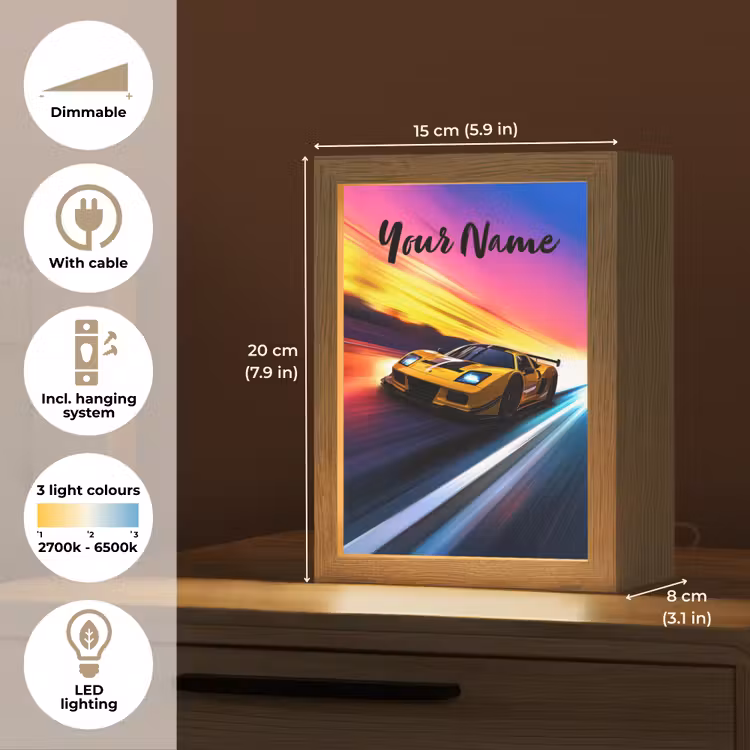 Gele raceauto - Kleurrijk - Neon Light Box met kabel (Kinderlampje) klein -USP_EN
