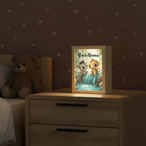 Zebra - Aapje - Waterval - Rotsen Light Box met kabel (Kinderlampje) klein -sfeer1_kind