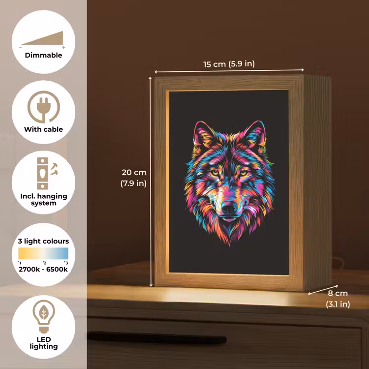 Wolf - Kleurrijk - Zwart - Dieren - Neon Light Box met kabel (Kinderlampje) klein -USP_EN