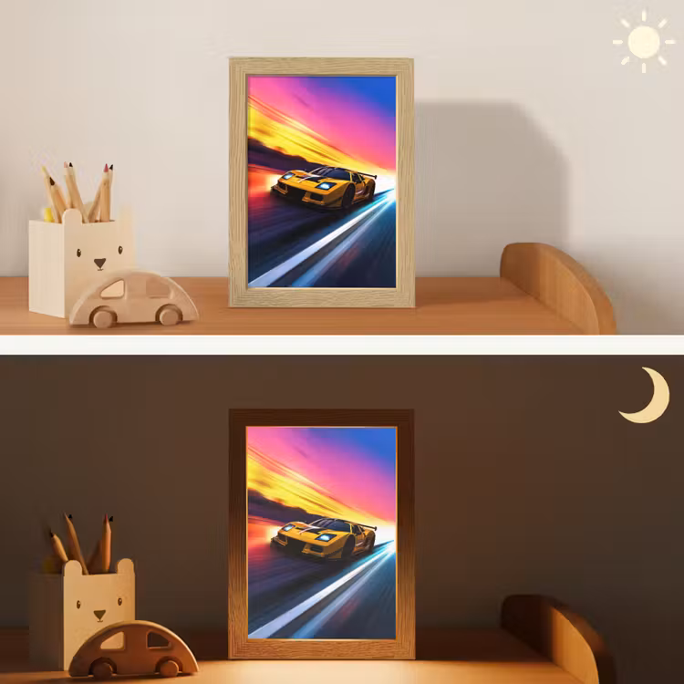 Gele raceauto - Kleurrijk - Neon Light Box met kabel klein -sfeer3_kind
