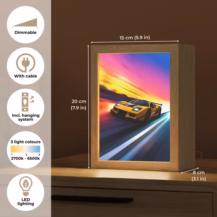 Gele raceauto - Kleurrijk - Neon Light Box met kabel (Kinderlampje) klein -USP_EN