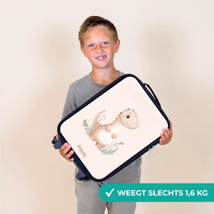 Beige dinosaurus met groene blaadjes Kinderkoffer - Zwart klein -sfeer4_NL