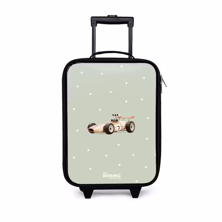 Beige retro raceauto op groene stippen achtergrond Kinderkoffer - Zwart klein -3d