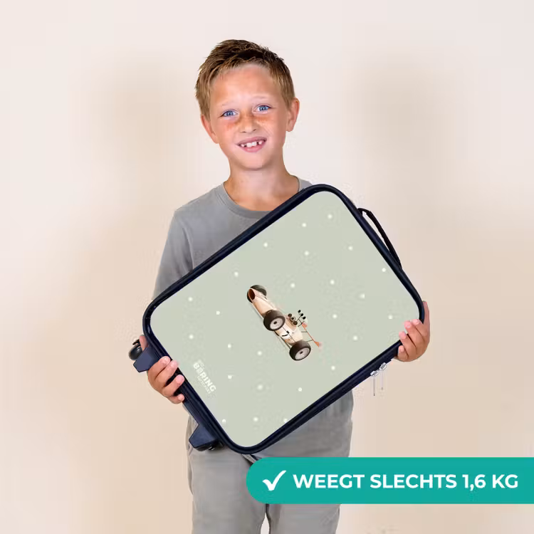Beige retro raceauto op groene stippen achtergrond Kinderkoffer - Zwart klein -sfeer4_NL