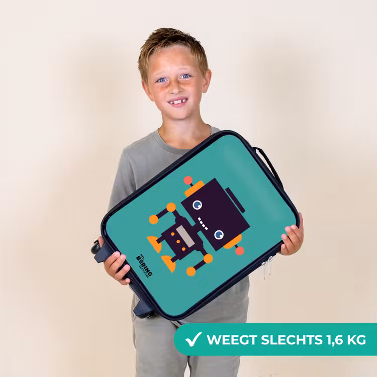 Zwarte robot met oranje accenten op een blauwe achtergrond Kinderkoffer - Zwart klein -sfeer4_NL