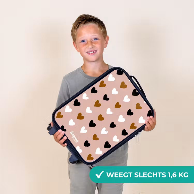 Zwart, wit en bruin hartjespatroon op oudroze achtergrond Kinderkoffer - Zwart klein -sfeer4_NL