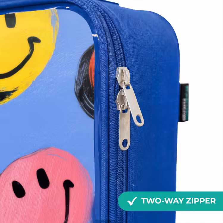 Een speels en kunstzinnig patroon van kleurrijke smileys Kinderkoffer - Blauw klein -rits_EN