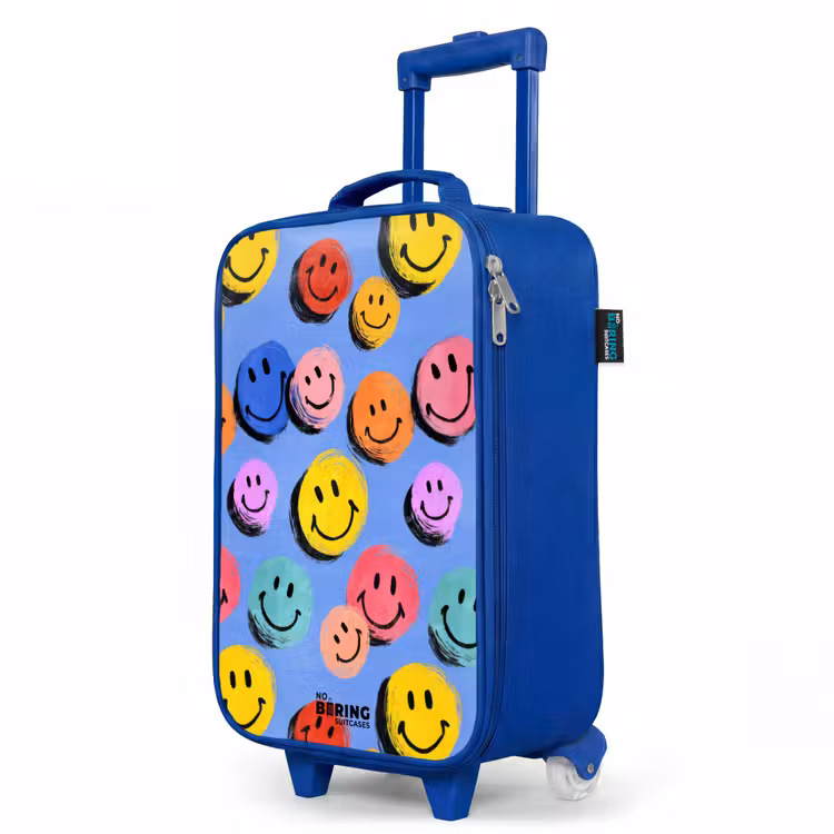 Een speels en kunstzinnig patroon van kleurrijke smileys Kinderkoffer - Blauw klein -productfoto_schuin