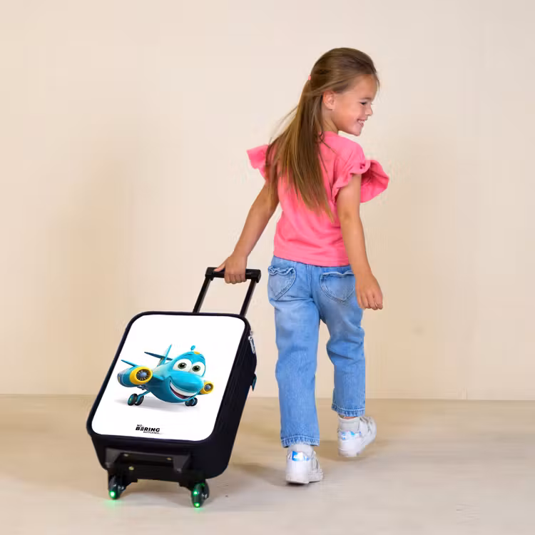 Blauw vliegtuig met lachend gezicht Kinderkoffer - Zwart klein -sfeer1