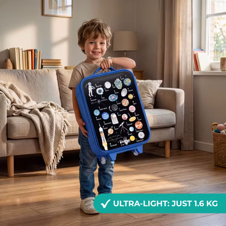 Alfabet in ruimte thema Kinderkoffer - Blauw klein -sfeer2_EN