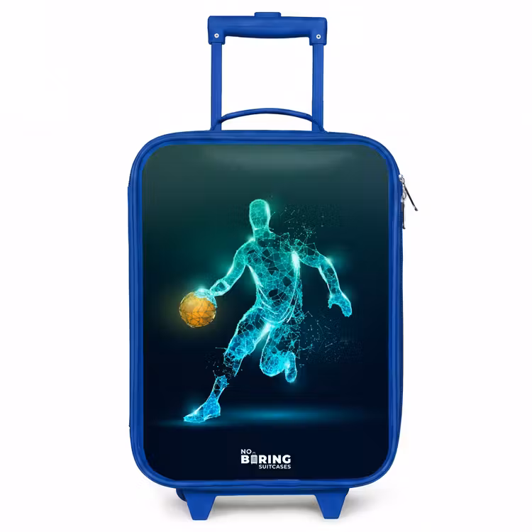 Basketbalspeler in neon dribbelactie Kinderkoffer - Blauw klein -3d