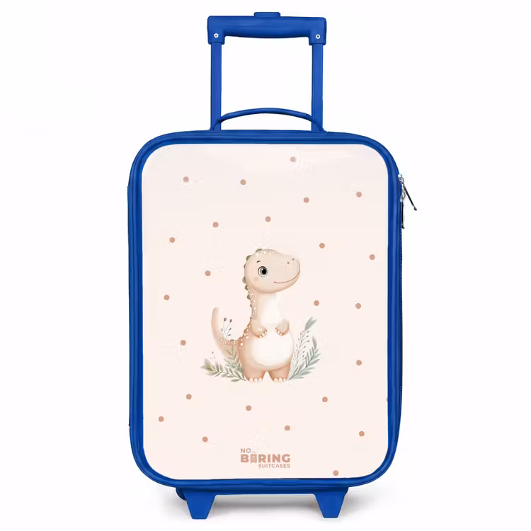 Beige dino op een stippen achtergrond Kinderkoffer - Blauw klein -3d