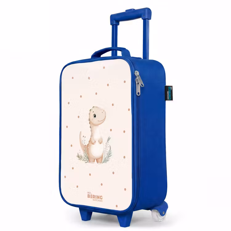 Beige dino op een stippen achtergrond Kinderkoffer - Blauw klein -productfoto_schuin