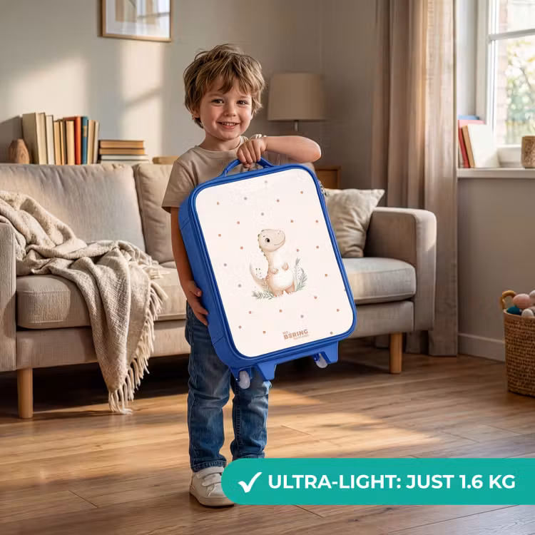 Beige dino op een stippen achtergrond Kinderkoffer - Blauw klein -sfeer2_EN