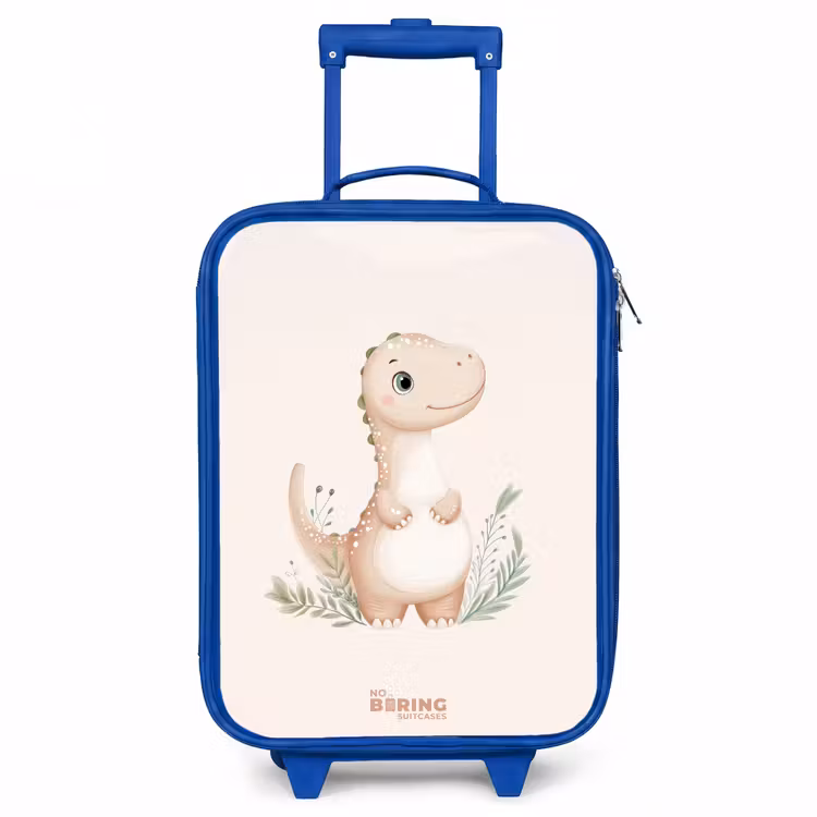 Beige dinosaurus met groene blaadjes Kinderkoffer - Blauw klein -3d