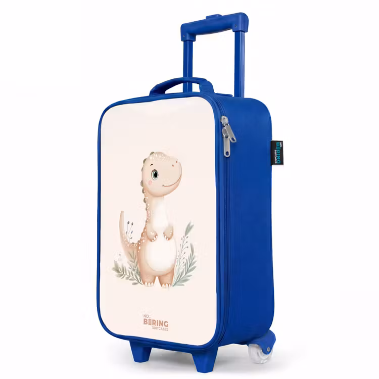 Beige dinosaurus met groene blaadjes Kinderkoffer - Blauw klein -productfoto_schuin