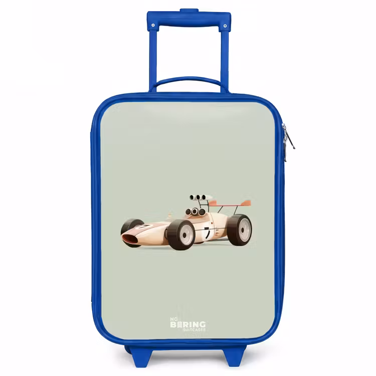 Beige retro raceauto op groen achtergrond Kinderkoffer - Blauw klein -3d