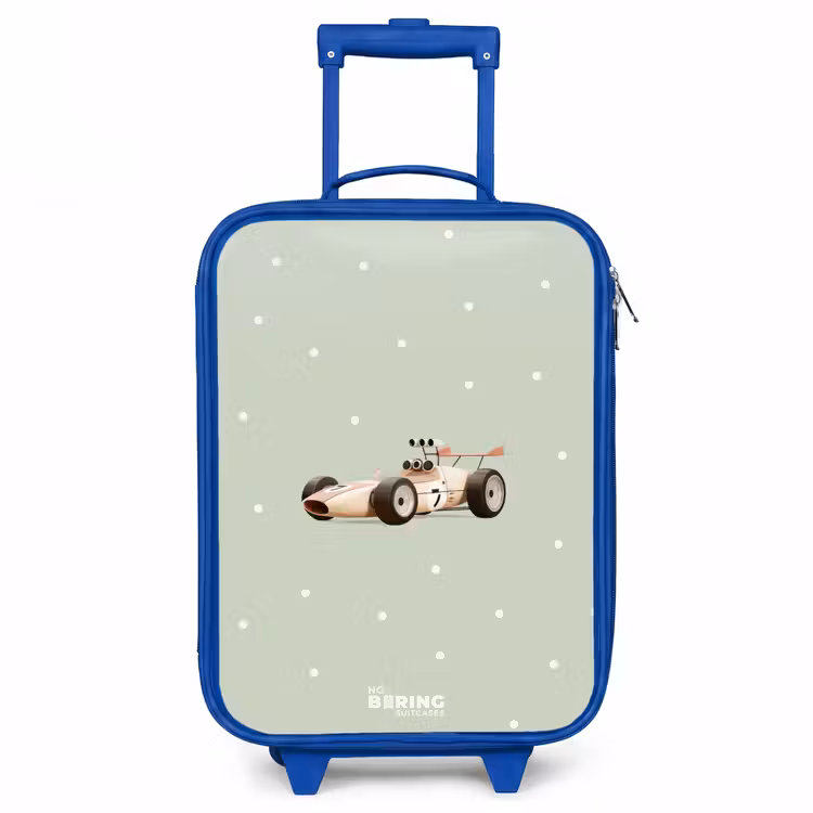 Beige retro raceauto op groene stippen achtergrond Kinderkoffer - Blauw klein -3d