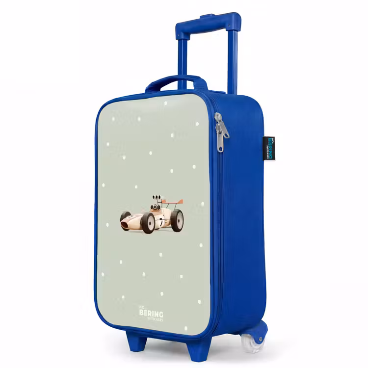 Beige retro raceauto op groene stippen achtergrond Kinderkoffer - Blauw klein -productfoto_schuin