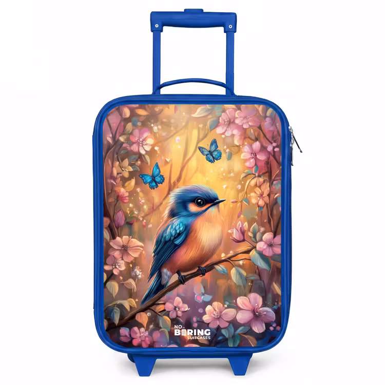 Vogel met vlinders in kleurrijk bos. Kinderkoffer - Blauw klein -3d