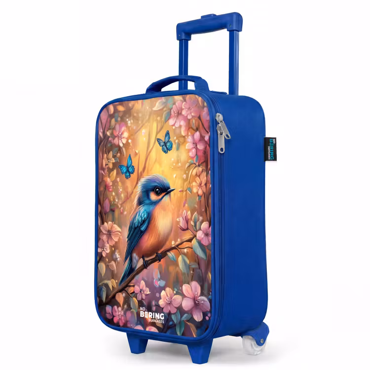 Vogel met vlinders in kleurrijk bos. Kinderkoffer - Blauw klein -productfoto_schuin