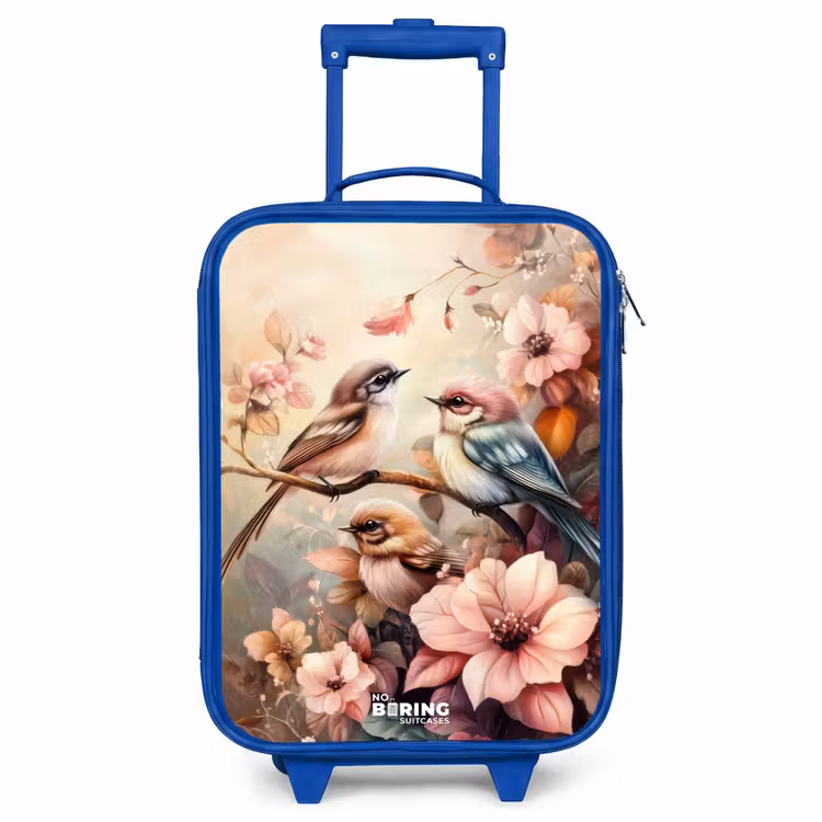 Vogels met roze bloemen Kinderkoffer - Blauw klein -3d