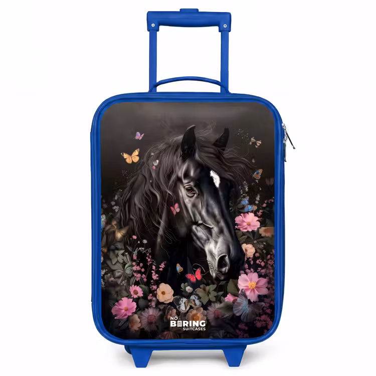Zwart paard in bloei Kinderkoffer - Blauw klein -3d