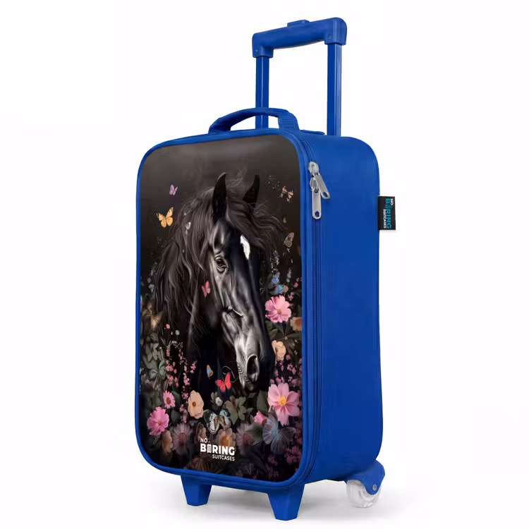 Zwart paard in bloei Kinderkoffer - Blauw klein -productfoto_schuin