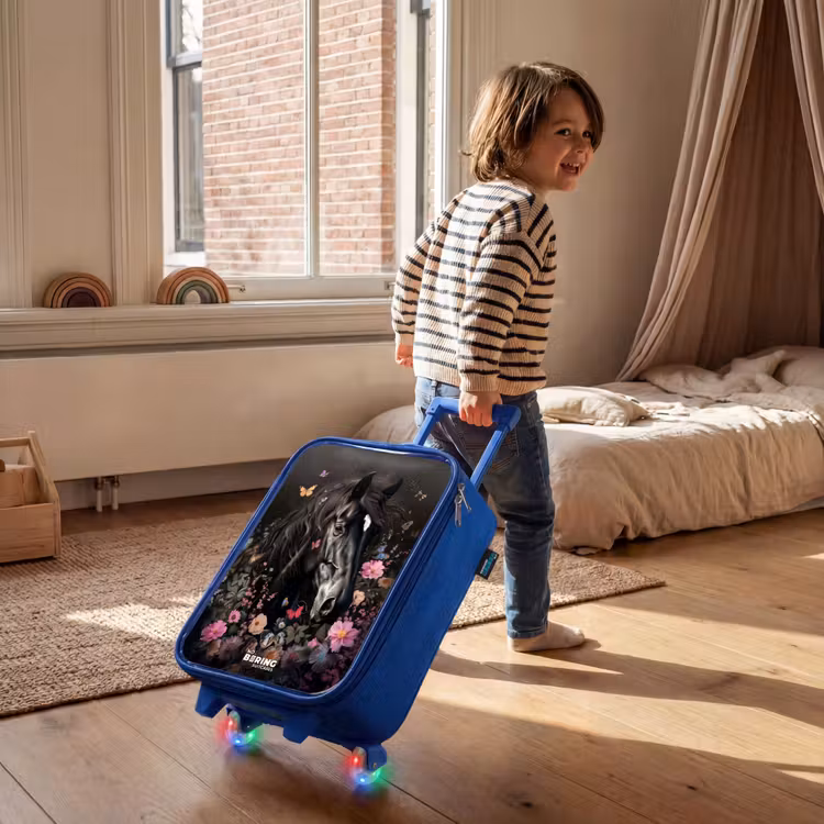 Zwart paard in bloei Kinderkoffer - Blauw klein -sfeer1
