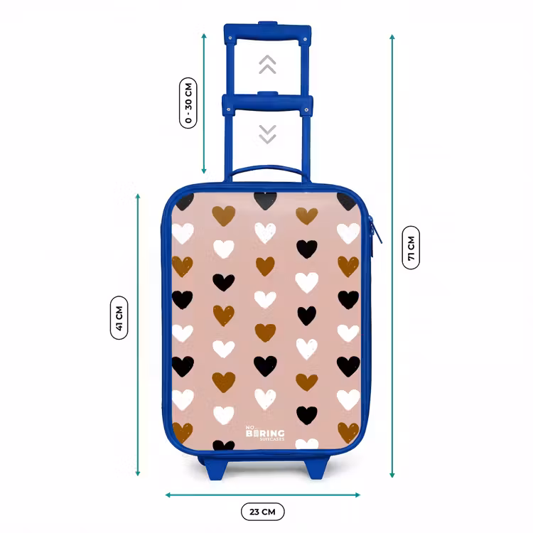 Zwart, wit en bruin hartjespatroon op oudroze achtergrond Kinderkoffer - Blauw klein -productfoto_formaten