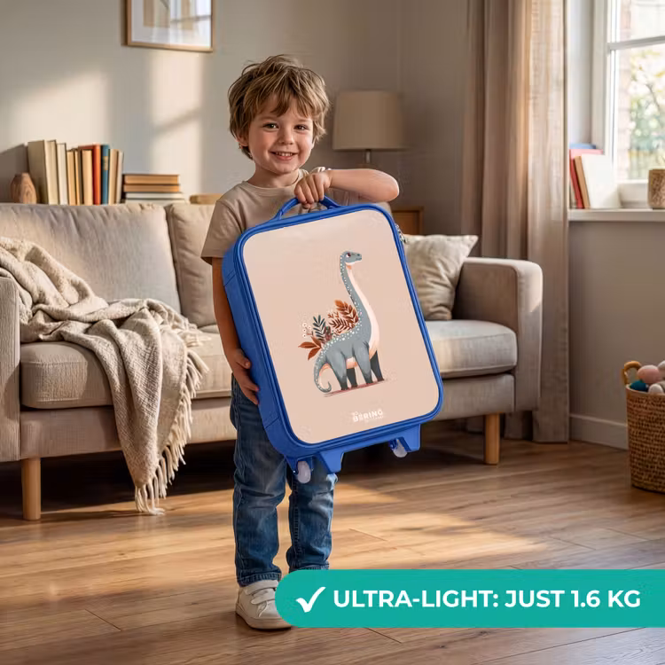 Blauwe dinosaurus op een beige achtergrond Kinderkoffer - Blauw klein -sfeer2_EN
