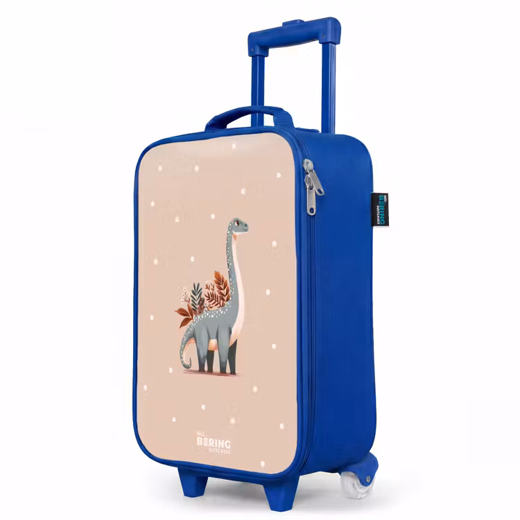 Blauwe dinosaurus op een beige stippenachtergrond Kinderkoffer - Blauw klein -productfoto_schuin