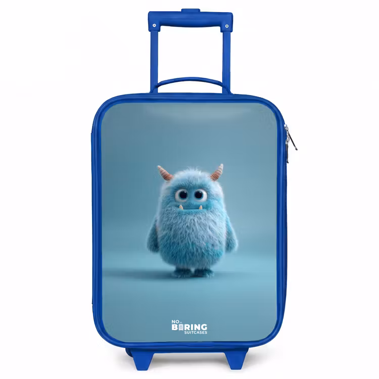 Blauw pluizig monster met hoorns Kinderkoffer - Blauw klein -3d