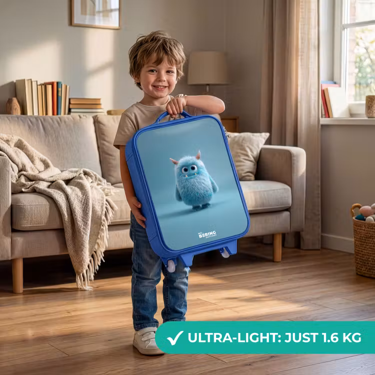 Blauw pluizig monster met hoorns Kinderkoffer - Blauw klein -sfeer2_EN