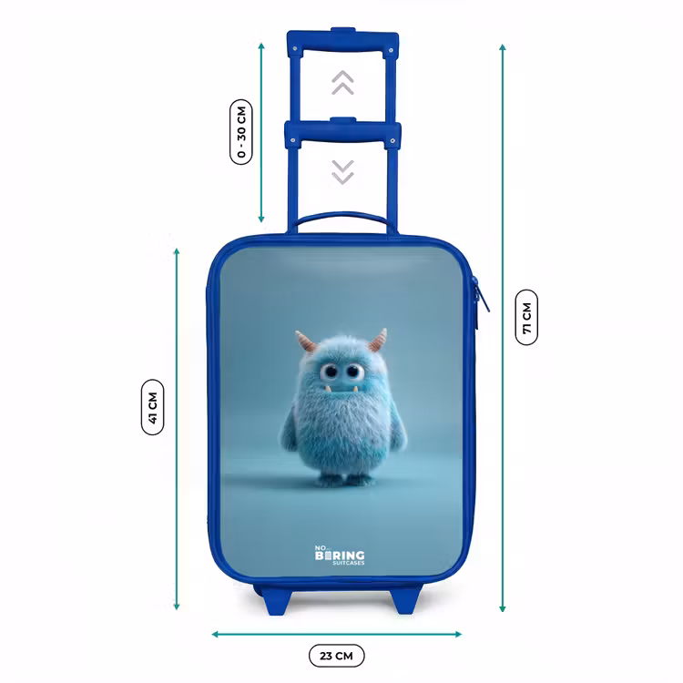 Blauw pluizig monster met hoorns Kinderkoffer - Blauw klein -productfoto_formaten