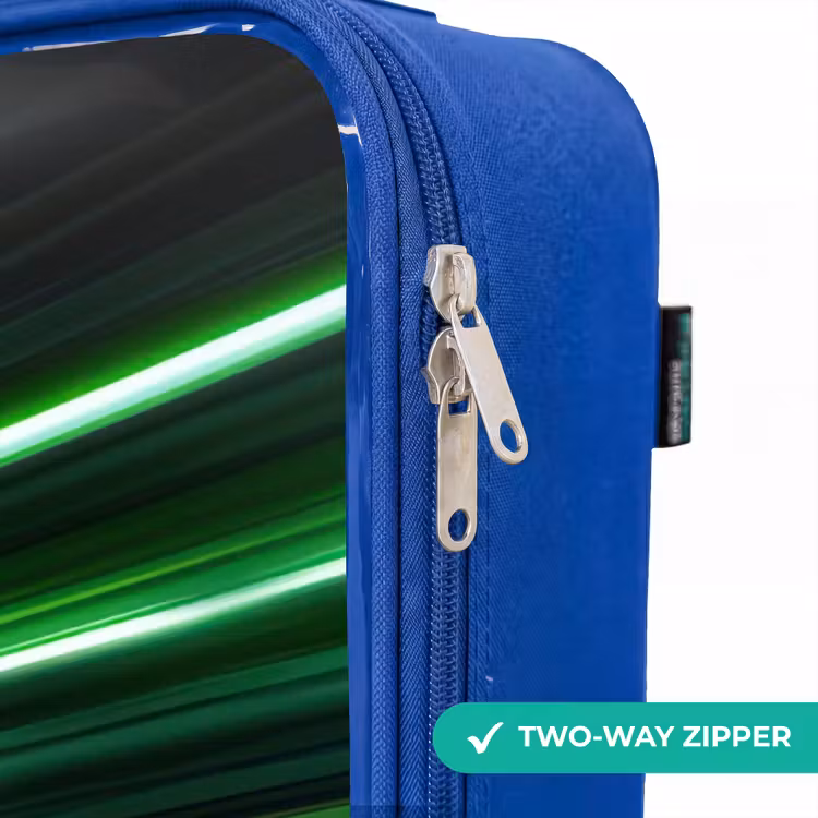 Blauwe raceauto met strepen in groene tunnel Kinderkoffer - Blauw klein -rits_EN