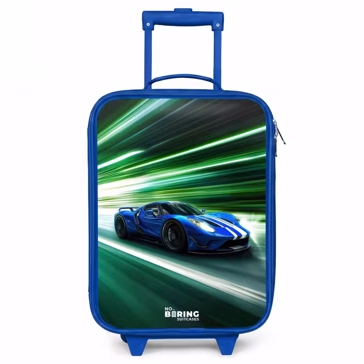 Blauwe raceauto met strepen in groene tunnel Kinderkoffer - Blauw klein -3d