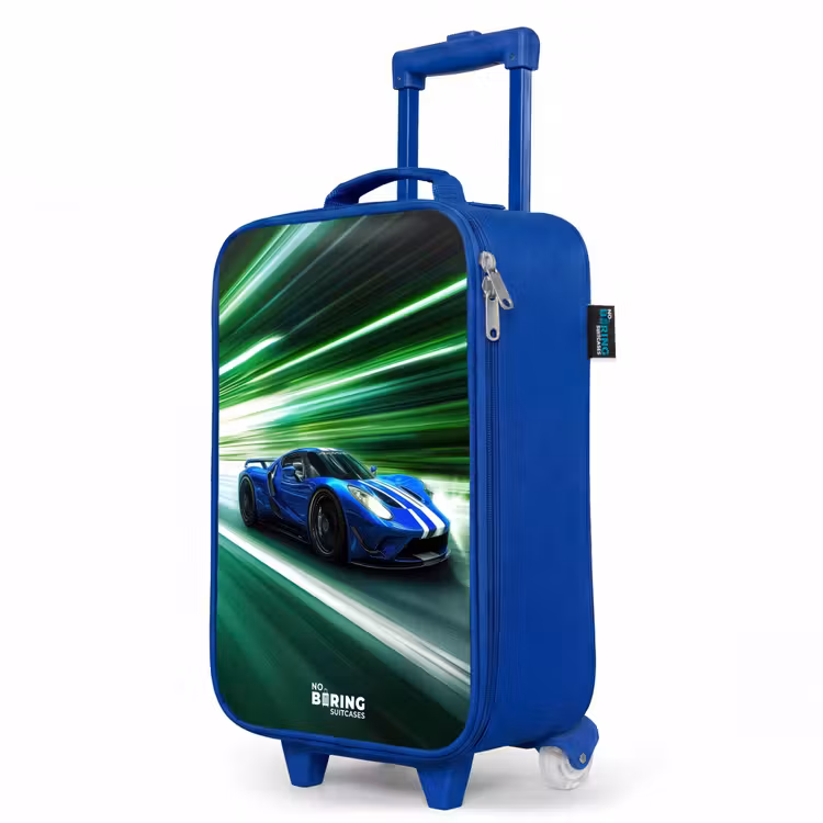 Blauwe raceauto met strepen in groene tunnel Kinderkoffer - Blauw klein -productfoto_schuin