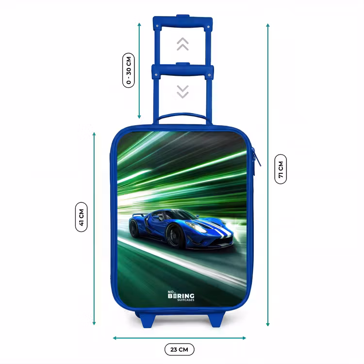 Blauwe raceauto met strepen in groene tunnel Kinderkoffer - Blauw klein -productfoto_formaten