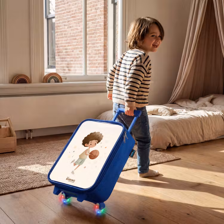 Jongen met een basketbal in beige kleuren Kinderkoffer - Blauw klein -sfeer1