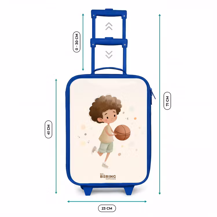 Jongen met een basketbal in beige kleuren Kinderkoffer - Blauw klein -productfoto_formaten