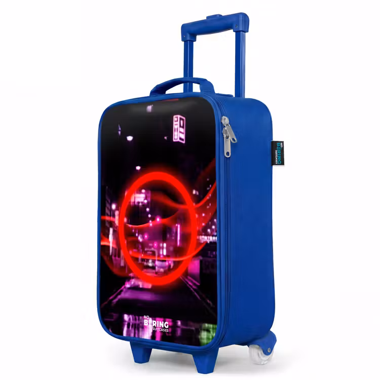 Felrode cirkel boven een neonverlichte stad Kinderkoffer - Blauw klein -productfoto_schuin
