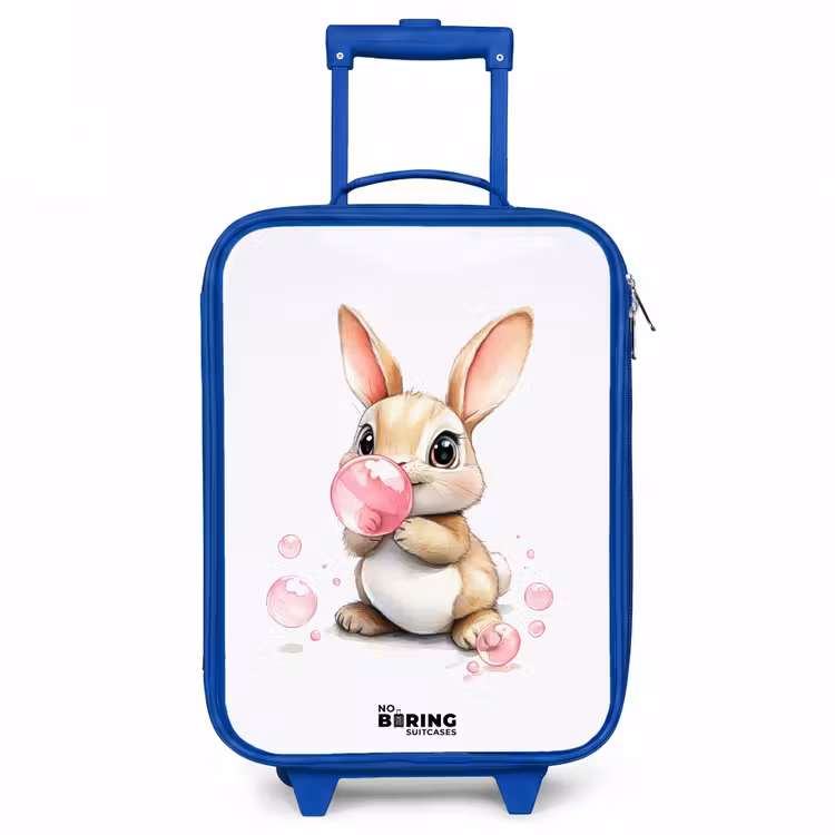 Bruin konijntje met roze bellen Kinderkoffer - Blauw klein -3d