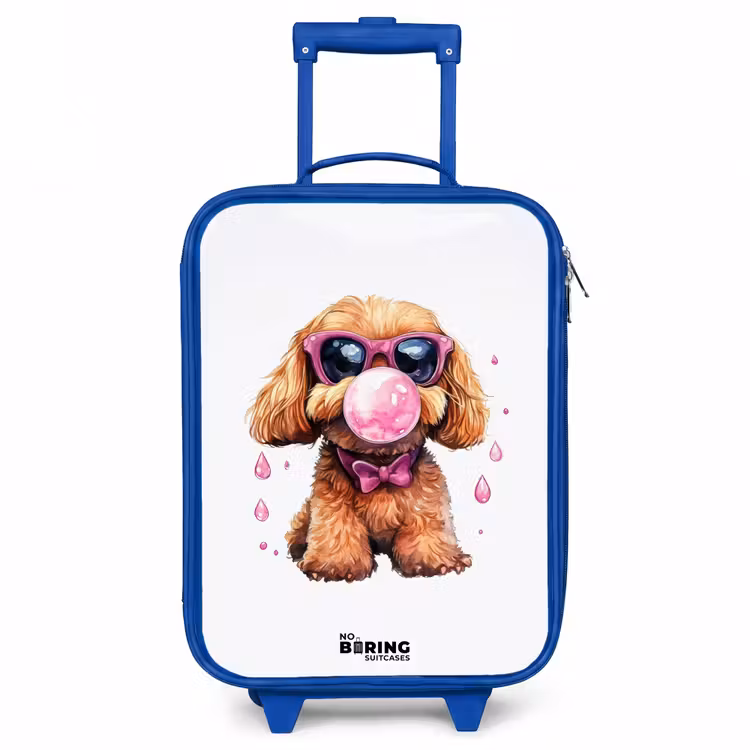 Bruine hond met roze bril en kauwgombal Kinderkoffer - Blauw klein -3d
