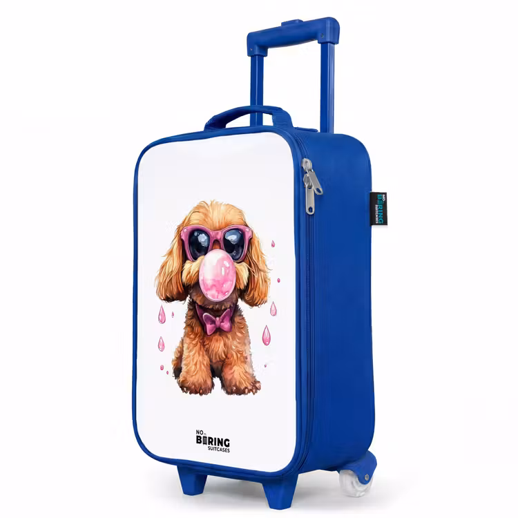 Bruine hond met roze bril en kauwgombal Kinderkoffer - Blauw klein -productfoto_schuin