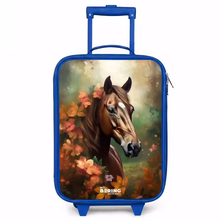 Bruin paard tussen de bloemen Kinderkoffer - Blauw klein -3d